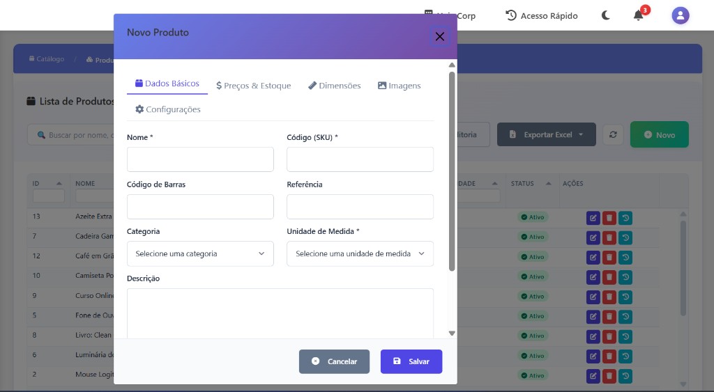 Lista de produtos e cadastro com abas para dados básicos, preços e estoque